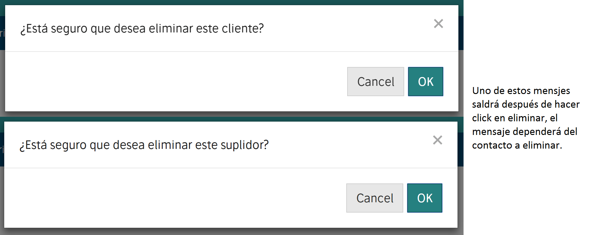 Modal de confirmarción para eliminar contacto.